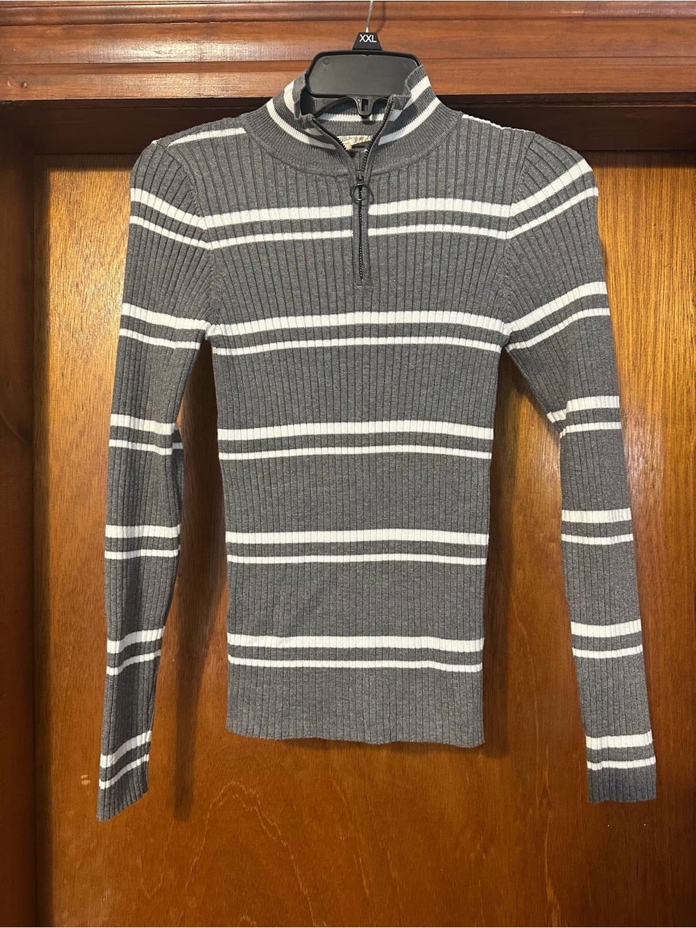 Pink Republic Gray & White Ribbed Half-Zip Turtleneck Sweater